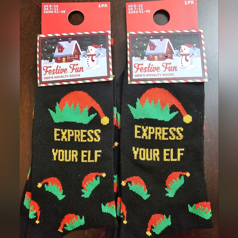 Festive Black Socks with Elf Hat Design